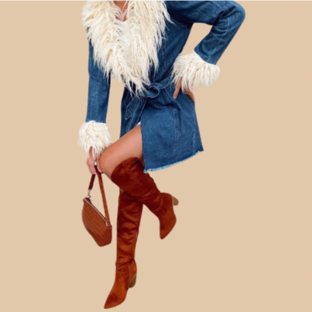 New and Fabulous Retro Faux Textured Fur Denim Boho Coat - Picture 3 of 7